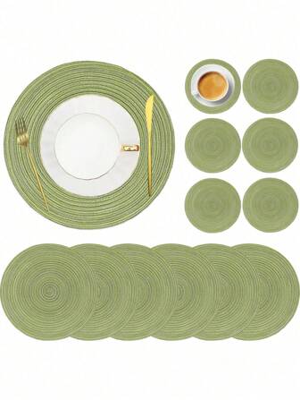 2 件/12 件圆形餐垫和杯垫套装，15 英寸编织桌垫和 4.3 英寸杯垫，可双面清洗，适用于厨房、节日派对、晚餐、家庭聚会