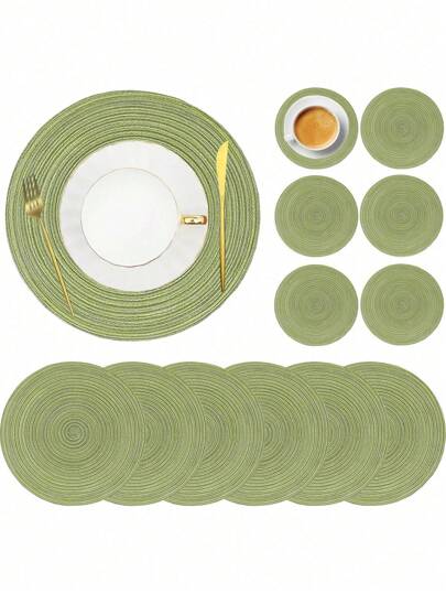 2pcs/12pcs Set Round Placemats & Coasters, 15 Inch Woven Table Mat & 4.3 Inch Coasters, Washable Double-Sided, Suitable For Kitchen, Holiday Party, Dinner, Family Gathering