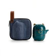 Travel Tea Set With Portable Bag, Kung Fu Handmade Ceramic Teapot Set, All-In-One Teapot, 1 Pot 2 Cups, Suitable For Travel, Office And Home - Green - View 2