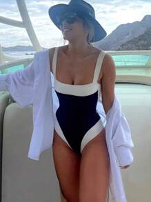 Colorblock One-Piece Swimsuit, For Summer Beach Vacation - Black and White - View 7