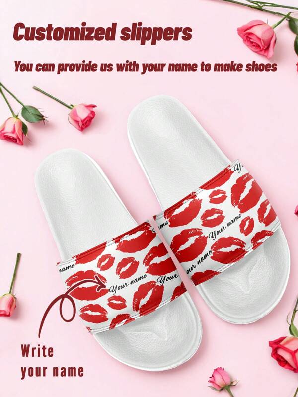 Valentinstag Strandpantoffeln mit individuellem Namen, personalisierte Slides mit Lippen Design, bequeme rutschfeste Sommerschuhe für Damen und Herren, perfekt für Strand, Pool und lässigen Alltag