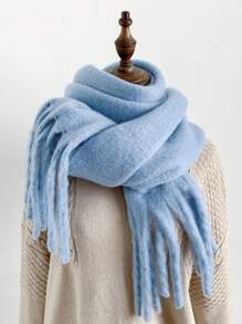 1pc Solid Color Scarf, Winter Warm Neck, Thickened Wool Knitted Thick Fringed Shawl, Can Be Worn - Black - View 7