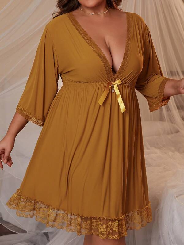 1pc Women Plus Size Deep V-Neck Solid Color Nightgown, Beautiful & Elegant Home Dress With Shoulder Exposure, High Fashion