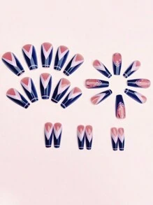 24 Stück elegante marineblau, weiß französische Spitze und lila Blümchen Muster Künstliche Nägel, modisches Linien Muster Kunstnägel Nail Art Maniküre Aufkleber Nagel Zubehör - Blau-Weiß - Übersicht 3