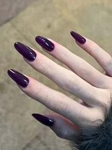 24pcs Almond Long Press-On Nails, Simple Solid Grape Purple Color Basic Full Cover Press-On Nails, Christmas Nails, Valentine's Gift, New Year Nails, DIY Daily Wear Manicure Supplies For Girls & Women, Includes 1pc Double-Sided Adhesive & 1pc Nail File
