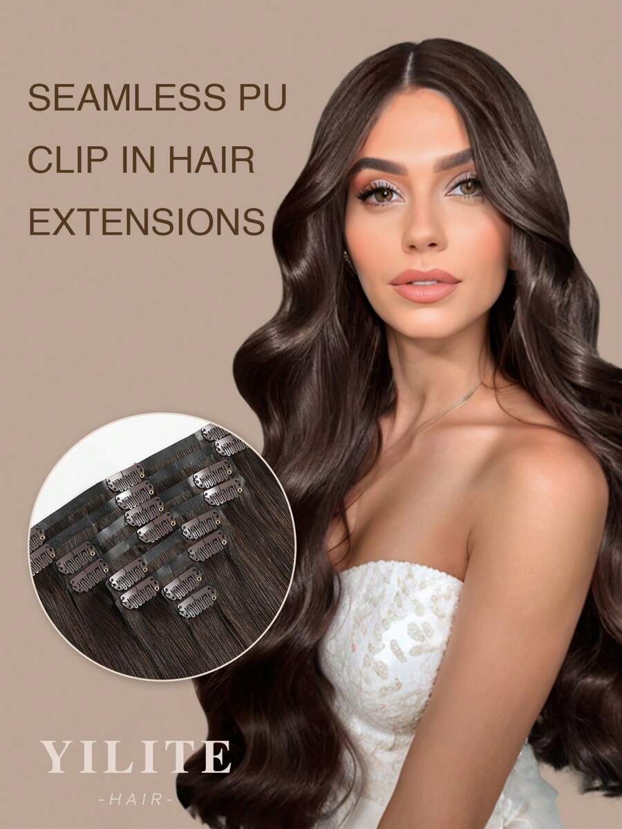 Yilite 14-20 Inch Seamless Clip-In Hair Extensions, Real Human Hair, #2 Dark Brown, Remy Clip-In Hair Extensions, Real Human Hair, Invisible PU Skin Weft, Natural Remy Clip-In Hair Extensions, Real Human Hair - S2 - View 1