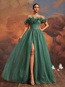 VIPGIRL Elegant Green Off-Shoulder Sheer Dress, Decorated With 3D Floral Appliques And High Slit Maxi Skirt, Suitable For Women's Formal Occasions, Galas, Weddings, Parties - Olive Green - View 2