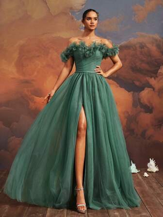 VIPGIRL 优雅绿色露肩薄纱礼服，带 3D 花卉贴花和高开叉长裙，女士礼服、晚礼服、绿色舞会礼服、派对礼服、婚礼宾客礼服