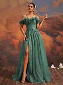 VIPGIRL Elegant Green Off-Shoulder Sheer Dress, Decorated With 3D Floral Appliques And High Slit Maxi Skirt, Suitable For Women's Formal Occasions, Galas, Weddings, Parties - Olive Green - View 9