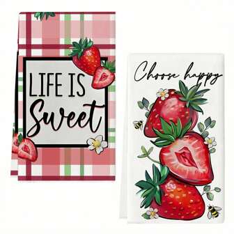 2 件装草莓印花厨房毛巾、洗碗布、手巾、柔软吸水干燥布、厨房装饰、餐桌装饰、厨房用品、家居装饰