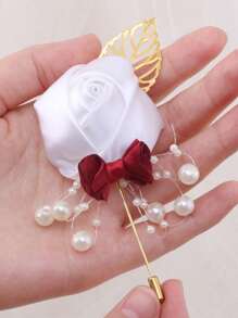 1pc Groom's Satin Lapel Pin With Chain, Golden Leaf & Rose Design For Men's Suit, Suit Decoration For Groomsman, Best Man, Dancing Party, Banquet Valentine's Day Valentines