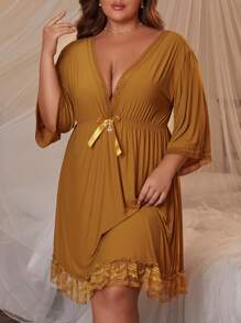 1pc Women Plus Size Deep V-Neck Solid Color Nightgown, Beautiful & Elegant Home Dress With Shoulder Exposure, High Fashion