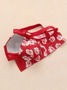 1pc Women Floral Print Adjustable Strap Comfort Front Close Wireless Convertible Lingerie Bra - Red - View 4