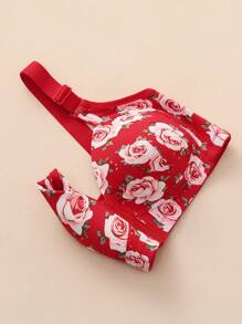 1pc Women Floral Print Adjustable Strap Comfort Front Close Wireless Convertible Lingerie Bra - Red - View 8