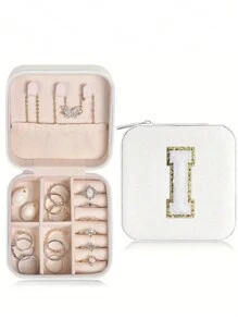 1 pièce Boîte de voyage pour bijoux avec initiale A-Z, étui de rangement multifonctionnel pour bijoux, mini boîte de rangement pour bijoux, organisateur de maquillage, porte-bijoux, sac cosmétique, sac de toilette, cadeau idéal pour les femmes, petite amie, amis, anniversaire, Noël, Halloween - Boîte de voyage pour bijoux avec initiale rose, cadeau de Noël pour adolescentes, retour à l'école