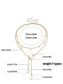 女士双层星月设计钛钢流苏吊坠项链，无盒子 - 金色 - 查看 3