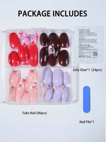 96 Peças/Caixa (4 Modelos Mistos) Unhas Postiças Curtas Ovais com Laço, Design de Unhas em Formato de Coração, Unhas Francesas Adesivas de Ajuste Perfeito, Inclui: 1 Peça de Cola de Gelatina e 1 Lixa de Unha, Unhas Francesas para Uso Diário de Mulheres e Meninas, Suprimentos de Unhas para Festas Rave