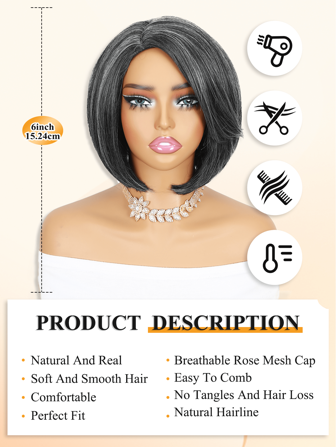 Short Side Part Grey Salt & Pepper Bob Wig Bob Wigs Straight Black Grey Hair Wig Bowl Cut Cosplay Wig Heat Resistant Natural Looking Synthetic Full Wigs For Women)