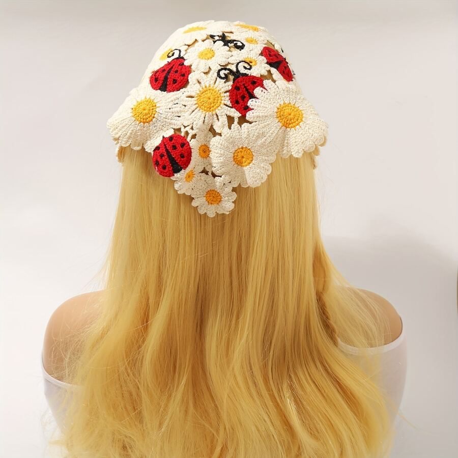 1 Piece Crochet Bohemian Ladybug Pattern Hairband, Knitted Triangle Turban Headband With Rustic Style Knitted Flower And Hair Towel, Suitable For Women's Hair Accessories - Multicolor - View 1