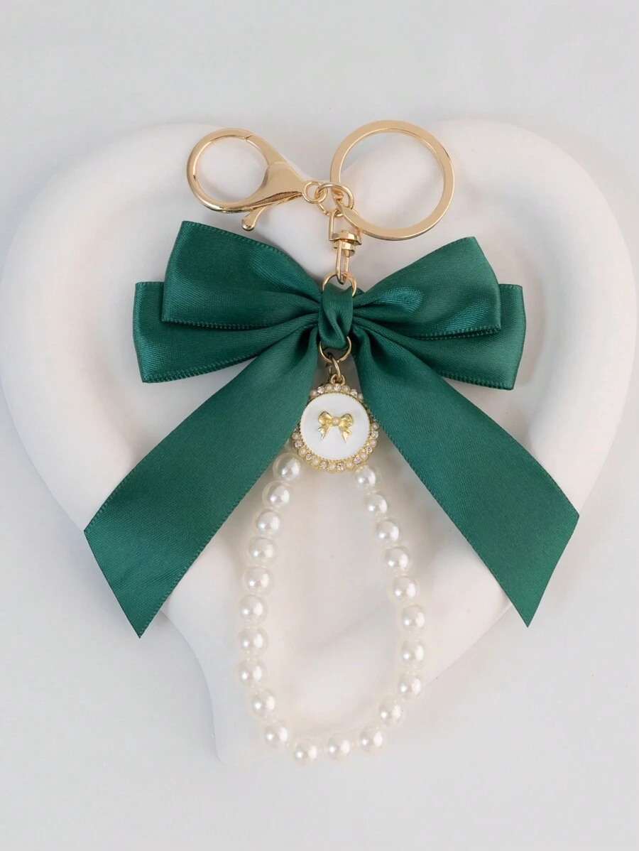 Faux Pearl Bow Phone Strap Keychain Multi-Use Bag Pendant Bows Valentines - Dark Green - View 1