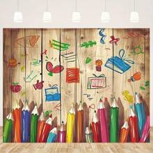 1 pieza Escenario de fondo, Casa dibujada a lápiz pintada a mano sobre un suelo de madera vintage, que proporciona un fondo para la decoración de fiestas, accesorios de estudio fotográfico, decoración del hogar interior y exterior, estudio fotográfico, decoración de fiestas, tela de fondo multiusos - Multicolor - Ver 2