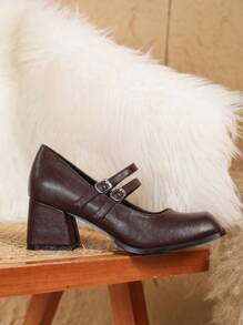 Giày cao gót Mary Jane cỡ nhỏ dành cho nữ, gót dày, mũi vuông, màu đỏ và đen, thanh lịch. - màu nâu - Xem 5