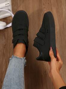 Women's Canvas Hook And Loop Casual Shoes, Comfortable Lightweight Sneakers, Fashion Versatile Shoes Suitable For Daily Wear And Outdoor Trips - Black - View 1