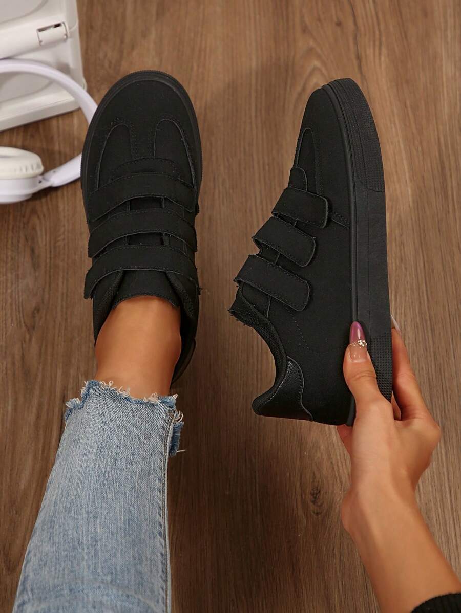 Women's Canvas Hook And Loop Casual Shoes, Comfortable Lightweight Sneakers, Fashion Versatile Shoes Suitable For Daily Wear And Outdoor Trips - Black - View 1