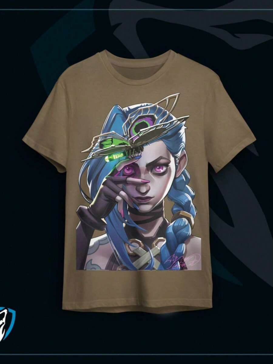 Camiseta Unissex Estampada Jogo Serie Arcane Jinx Borboleta - Café - Visão 1