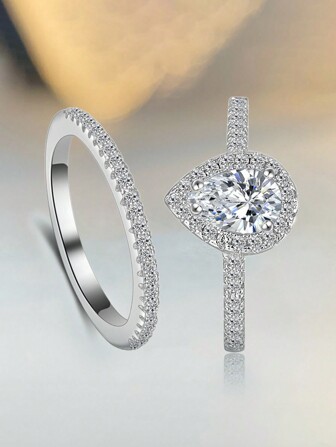 2pcs Set S925&925 Sterling Silver Single Row & Water Drop Rings Set Elegant For Women Dating Party Ring Anniversary Occasion Exquisite Women's Jewelry Gift