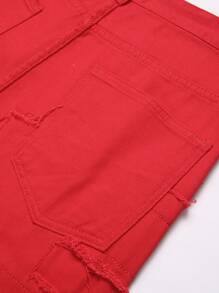 Teen Boy Fashionable Layered Solid Color Slim Fit Denim Shorts - Red - View 5