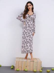 1 件女式长袖睡裙，心形图案，材质柔软舒适 - 卡其色 - 查看 3