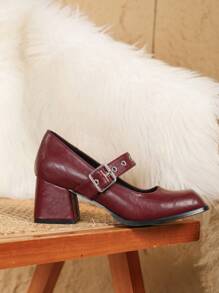 Plus Size Women's Mary Jane Pumps, Thick Heels, Square Toe, Wine Red/Red, Various Sizes Available