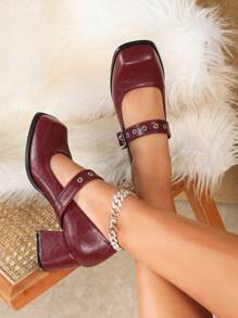 Plus Size Women's Mary Jane Pumps, Thick Heels, Square Toe, Wine Red/Red, Various Sizes Available