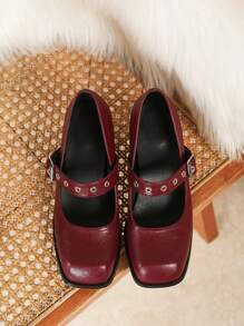Plus Size Women's Mary Jane Pumps, Thick Heels, Square Toe, Wine Red/Red, Various Sizes Available