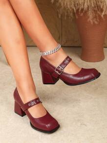 Plus Size Women's Mary Jane Pumps, Thick Heels, Square Toe, Wine Red/Red, Various Sizes Available