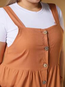Short Plus Size Linen Dress With Button And Pocket New Model - Rust Brown - View 8