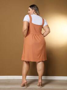 Short Plus Size Linen Dress With Button And Pocket New Model - Rust Brown - View 5