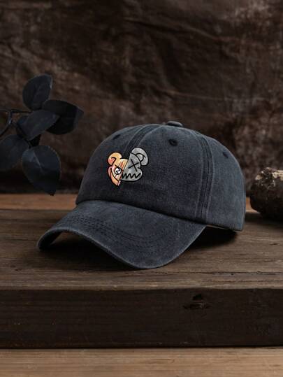 1pc Men's Dark Grey Split Bear Print Adjustable Size Outdoor Casual Fashion Washed Baseball Cap, Suitable For Daily Matching, Travel, Beach, Party, Fishing, Gift