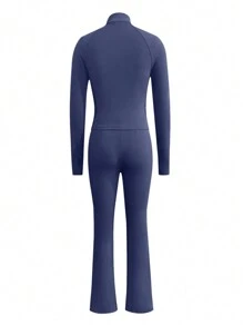 LovelyWholesale 女士休闲立领长袖纯色拉链门襟修身上衣和瑜伽裤套装春秋