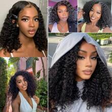 Put On And Go Glueless Wigs Human Hair Pre Plucked  4x4 Lace Closure Kinky Bob Wig Human Hair Lace Front Wigs For Women Upgraded No Glue Pre Cut Glueless Wigs For Women 150% Density - Natural Black - View 7