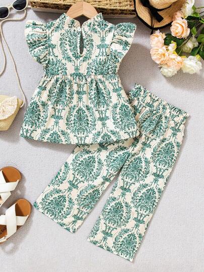 Young Girls Vintage Palace Style Green Floral Print Bow 2 Pieces Set, Children Green Luxury Floral Print 2 Pieces Outfit, Fashionable Summer Set, Suitable For Spring/Summer