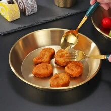 1 pièce Plateau de service en acier inoxydable de couleur dorée avec design de poignée, convient pour la maison/l'hôtel/le restaurant/le barbecue/le sashimi/les pâtes/le dessert et le fruit, l'assiette de dîner, l'assiette de barbecue, l'assiette de collation, le plateau à pizza, les fournitures de cuisine, Noël, la Saint-Valentin, le Nouvel An, cadeau