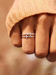 1pc Adjustable "TRUST GOD" Double Layer Ring, Unisex, Carved Cross Faith Over Fear Ring, Minimalist Design, Christmas, New Year, Valentine's Day Gift - Multicolor - View 11