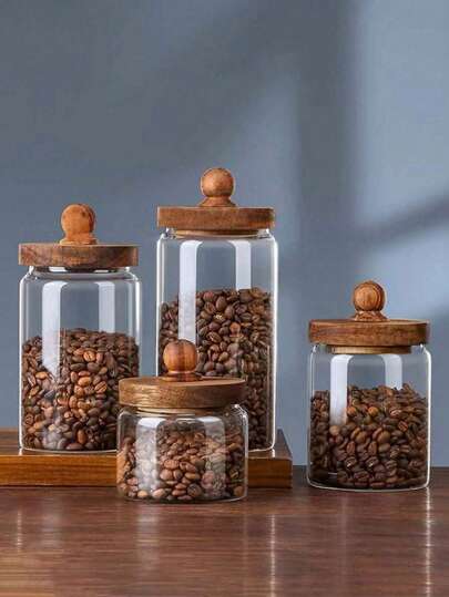 1PC Glass Storage Jar With Wooden Lid, Coffee Bean Storage Jar, Sealed Glass Jar Container, Kitchen Storage Jar - For Tea, Dried Fruits, Snacks, Cereals, Coffee Grounds