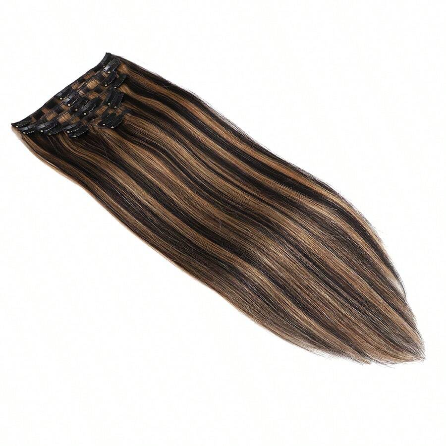 Przedłużanie włosów Clip In Prawdziwe włosy ludzkie 3,6 uncji/100 g Przedłużanie włosów Clip In dla kobiet 8 sztuk w zestawie z 18 klipsami Podwójna osnowa 1B/6 Naturalna czerń do kasztanowego brązu - S1B/6/1B - Zobacz 1