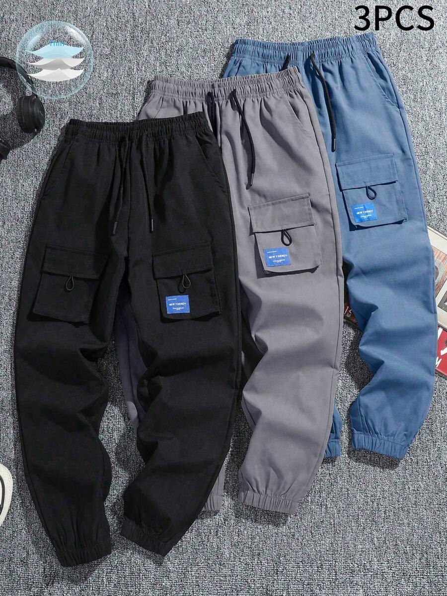 3pcs Tween Boy Casual Drawstring Waist Cargo Pants, Spring/Summer - Grey - View 1