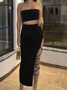 WOWDARK Women Spring Strapless Top And Slit Tie-Up Skirt 2 Pieces Set - Black - View 6