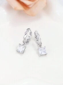 Bông tai bạc đính đá Cubic Zirconia dành cho nữ với mặt dây chuyền hình vuông, thiết kế trang nhã và đơn giản Thích hợp để đeo hàng ngày, quà tặng sinh nhật - Bạc - Xem 3