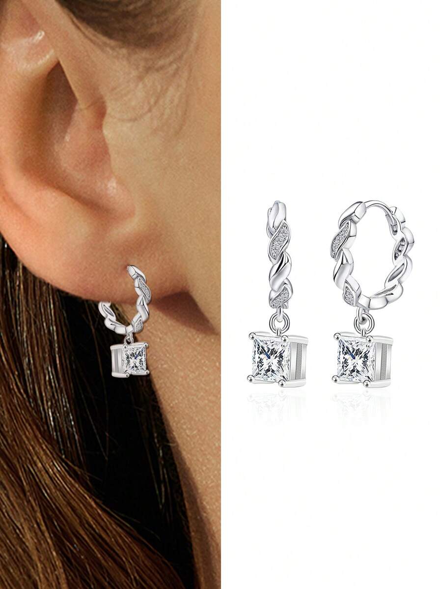 Bông tai bạc đính đá Cubic Zirconia dành cho nữ với mặt dây chuyền hình vuông, thiết kế trang nhã và đơn giản Thích hợp để đeo hàng ngày, quà tặng sinh nhật - Bạc - Xem 1